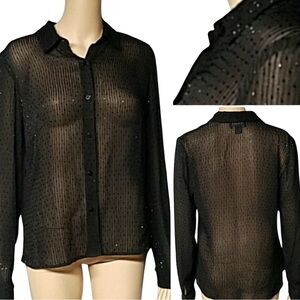 Ann Taylor Black‎ 100% Silk Sheer Beaded Blouse